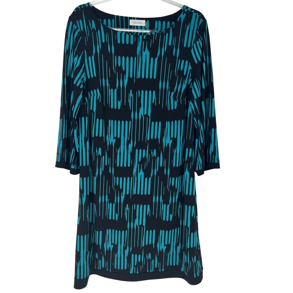 Calvin Klein Dress 14 Teal Black Abstract Print Sheath 3/4 Sleeve Office Teacher